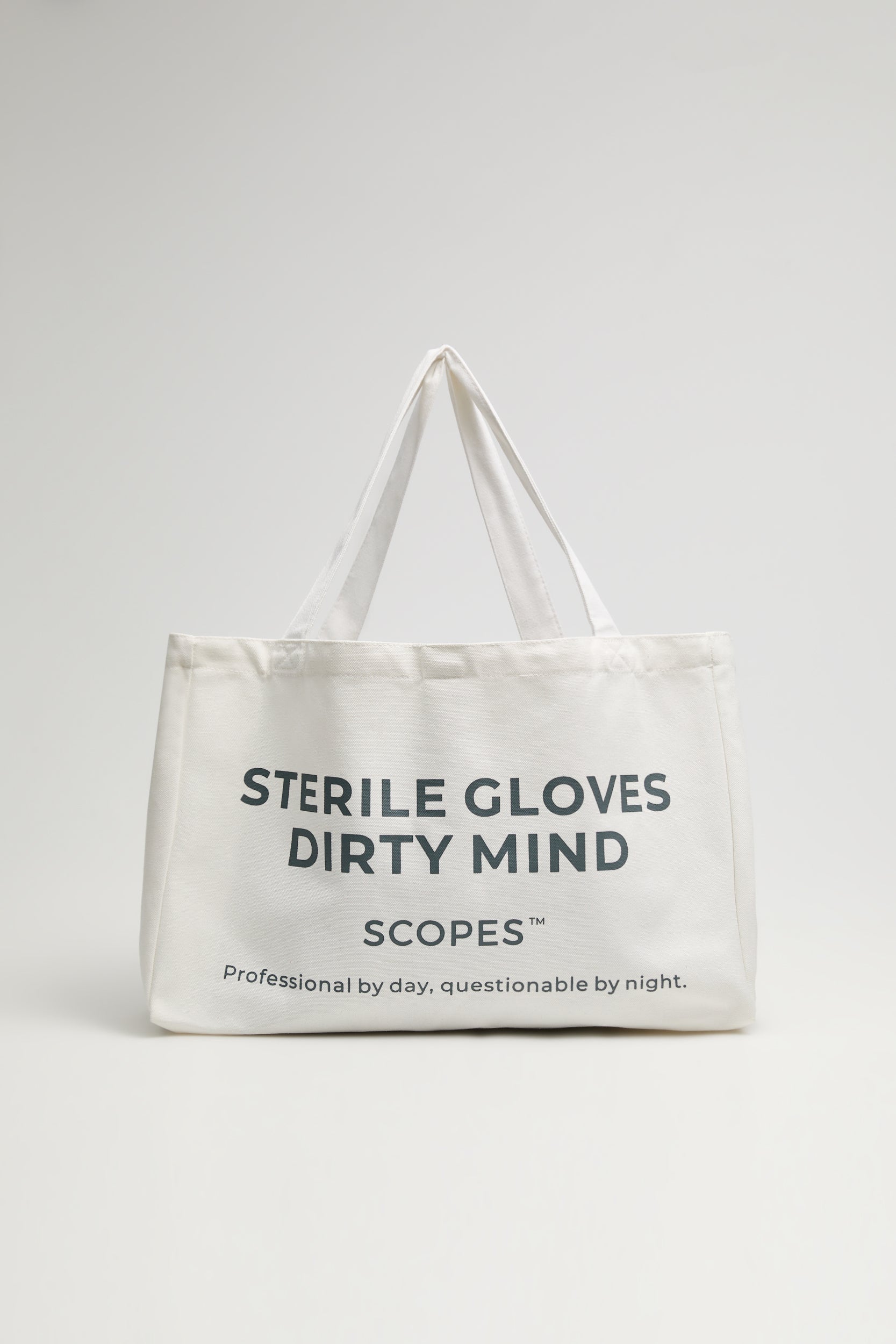 Ecru canvas tote bag with “Sterile Gloves Dirty Mind” print, reusable eco-friendly bag for shopping, gym, work, and daily errands