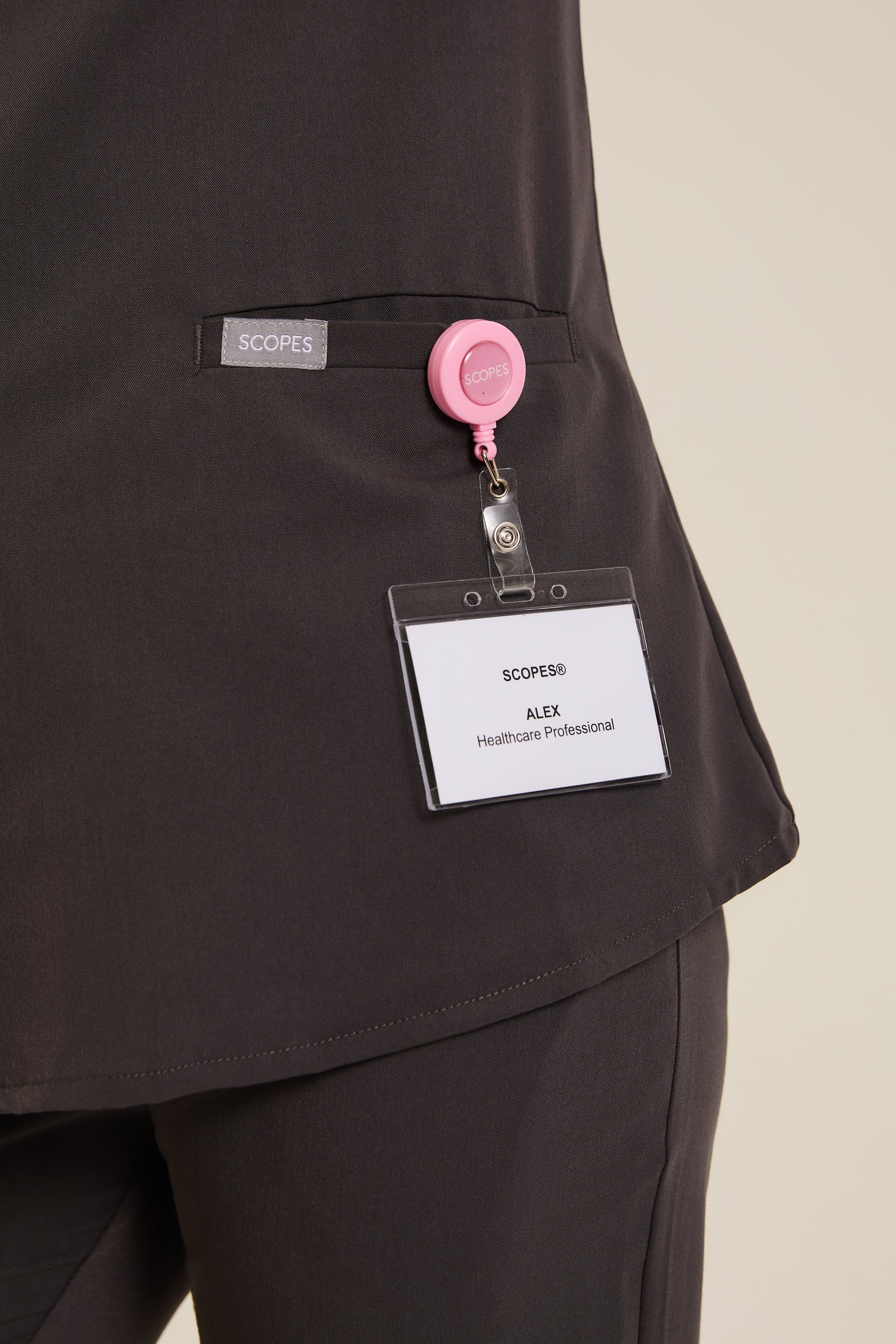 Badge Boss ID holder with SCOPES logo, sleek synthetic material, secure clasp, premium soft-touch finish for work and events