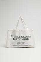 Ecru canvas tote bag with “Sterile Gloves Dirty Mind” print, reusable eco-friendly bag for shopping, gym, work, and daily errands